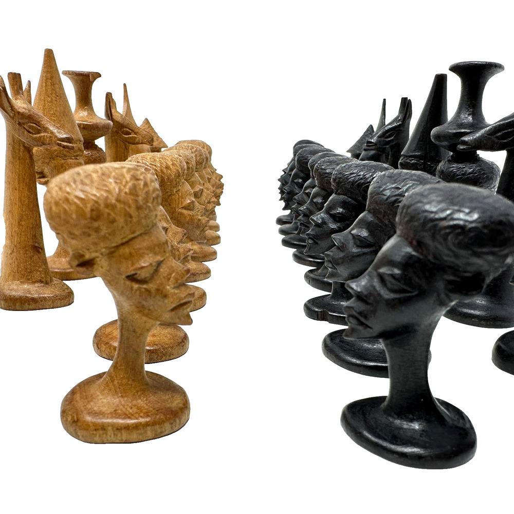 African Makonde Style Wooden Chess Set Pieces 32pc Black Tan Handcarved Folk Art